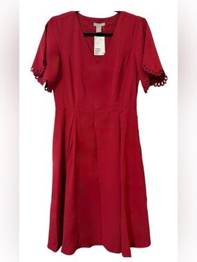 H&M Red Fit & Flare Dress Size 8 Scalloped Eyelet Sleeve V-Neck NWT